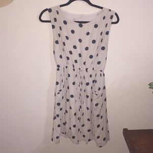 J. Crew A line cream dress with navy polka dots.